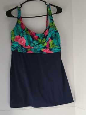 Tropical Floral Navy Tank One-Piece  Skirt Swimsuit Size 12